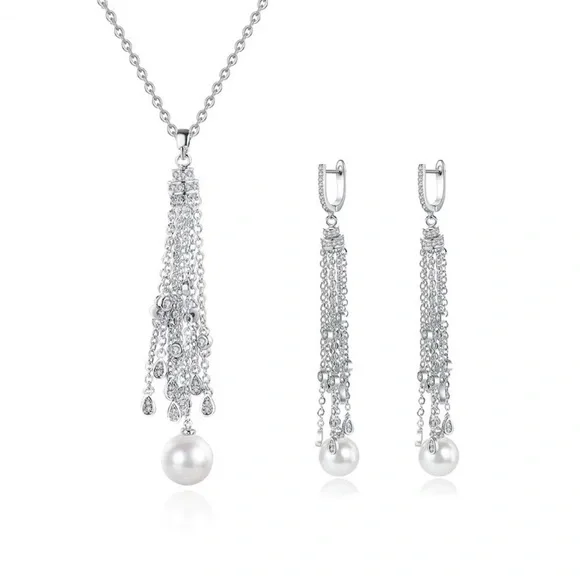 Silver Long Dangle Necklace Earring Set - Picture 1 of 9